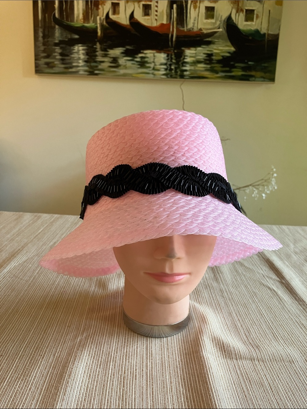Pink Bucket Sun Hat with Black Beaded Band